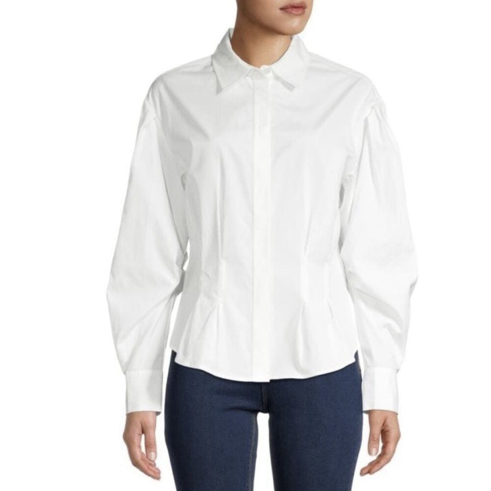 FRAME Geraldine‎ Ruched Long Sleeve Button Shirt XS White Classic Preppy Office
